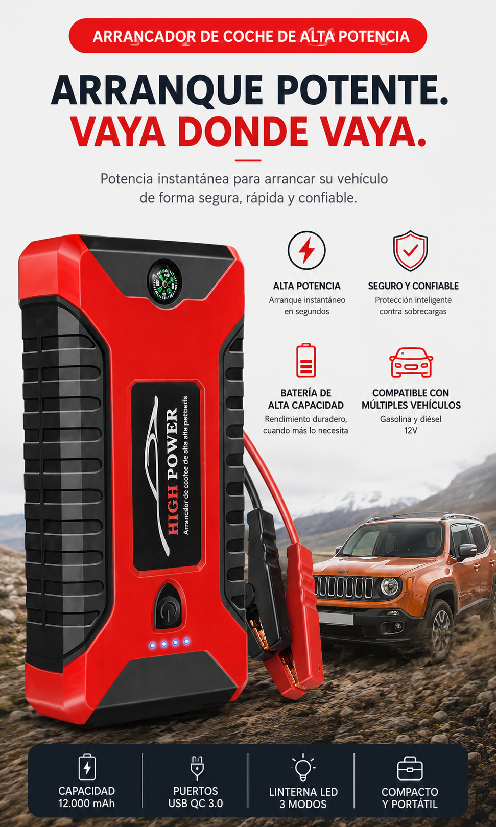 Arrancador de Coche 4 en 1 con Compresor de Aire y Power Bank
