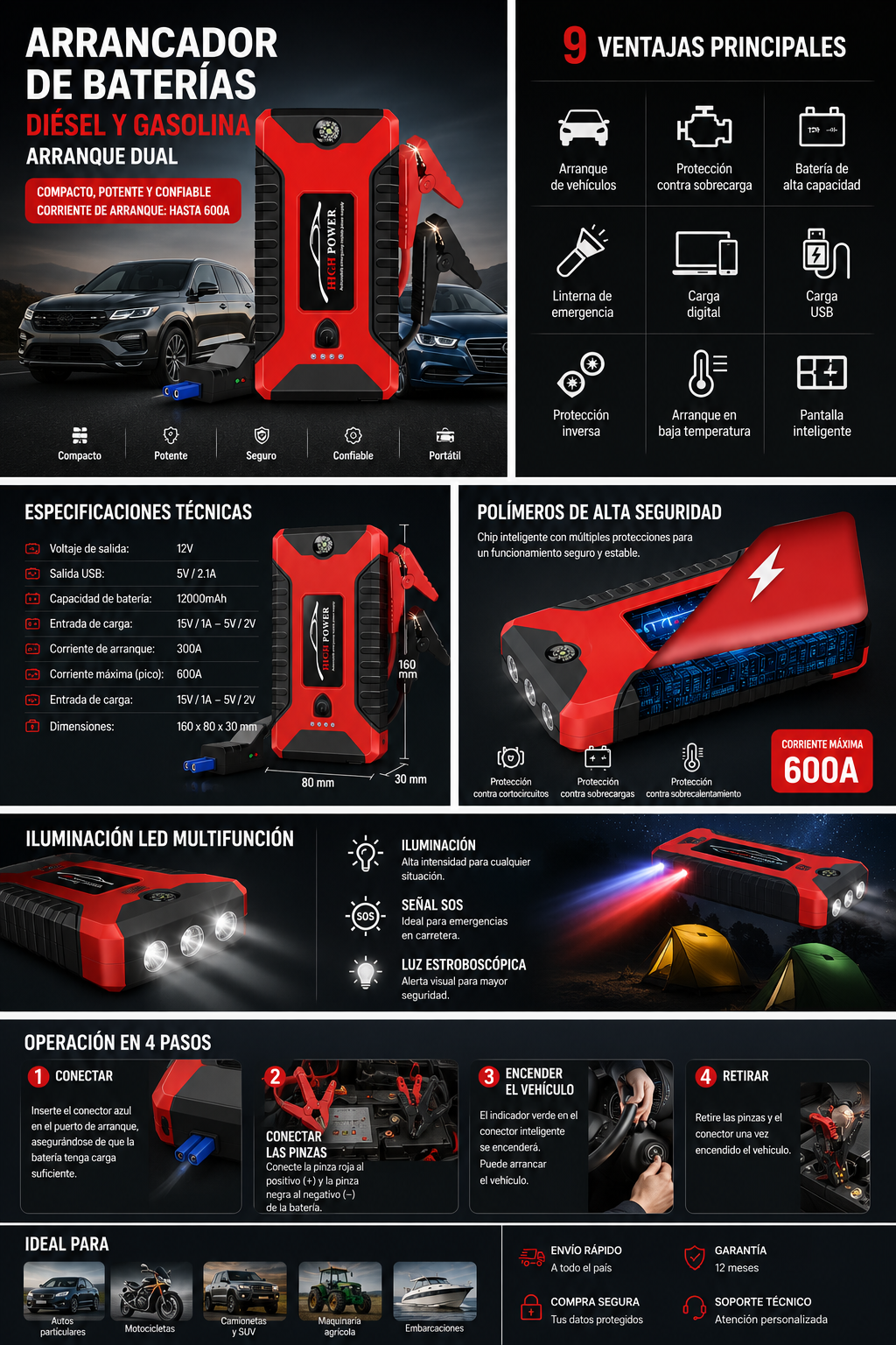 Arrancador de Coche 4 en 1 con Compresor de Aire y Power Bank