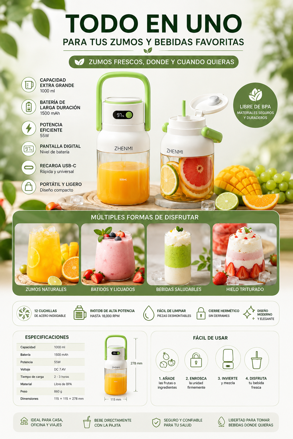 Licuadora Portátil Recargable USB-C de 975 ml – Fácil de Limpiar, Ideal para Frutas y Verduras