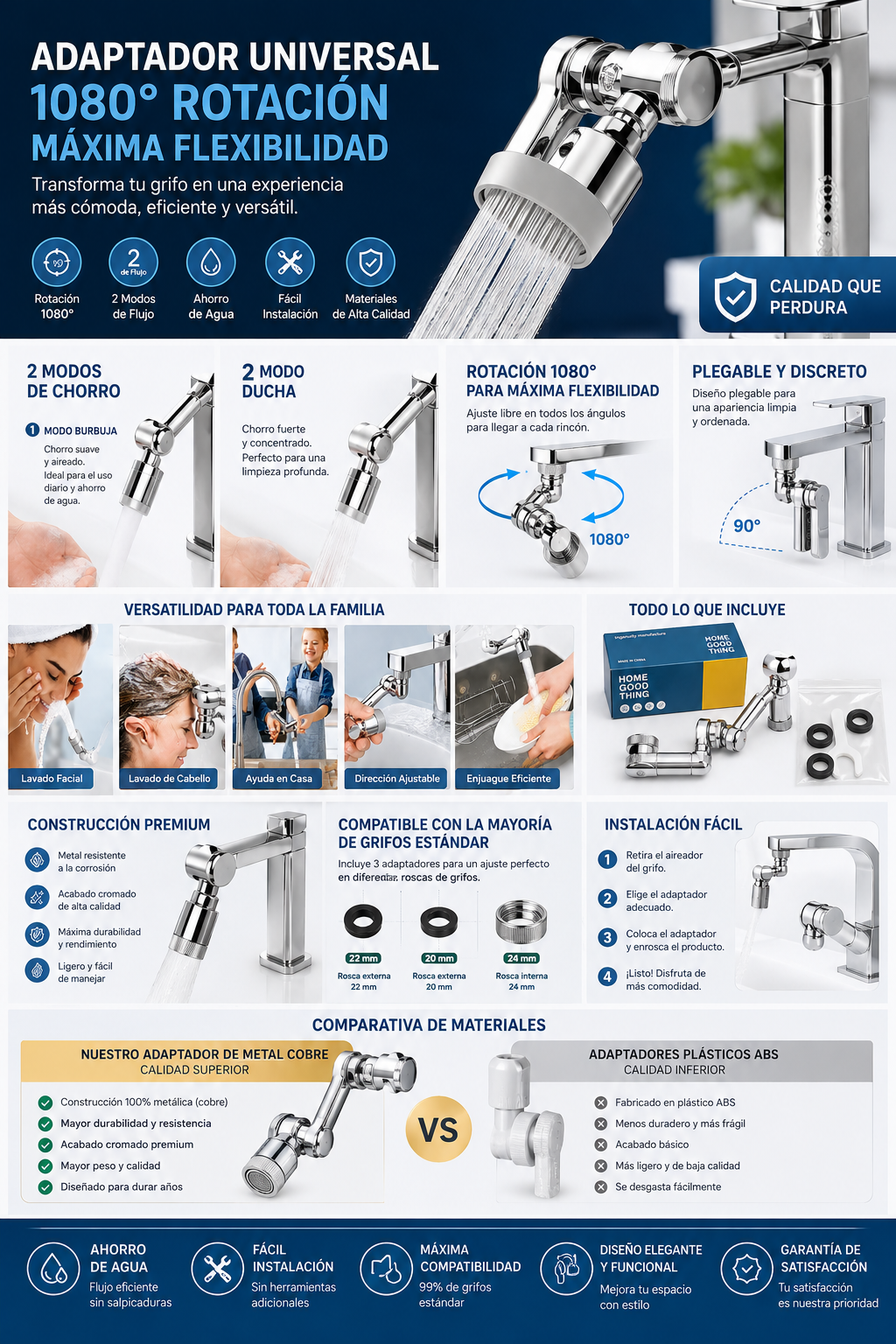Extensor de Grifo Giratorio 1080° – Difusor Universal para Cocina y Baño con Adaptador 22/24mm
