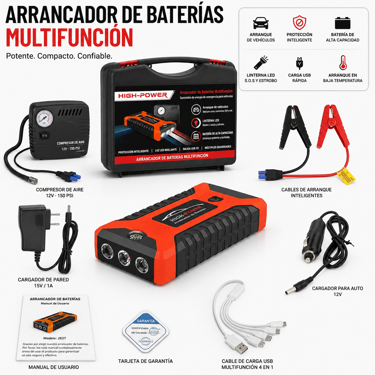 Arrancador de Coche 4 en 1 con Compresor de Aire y Power Bank
