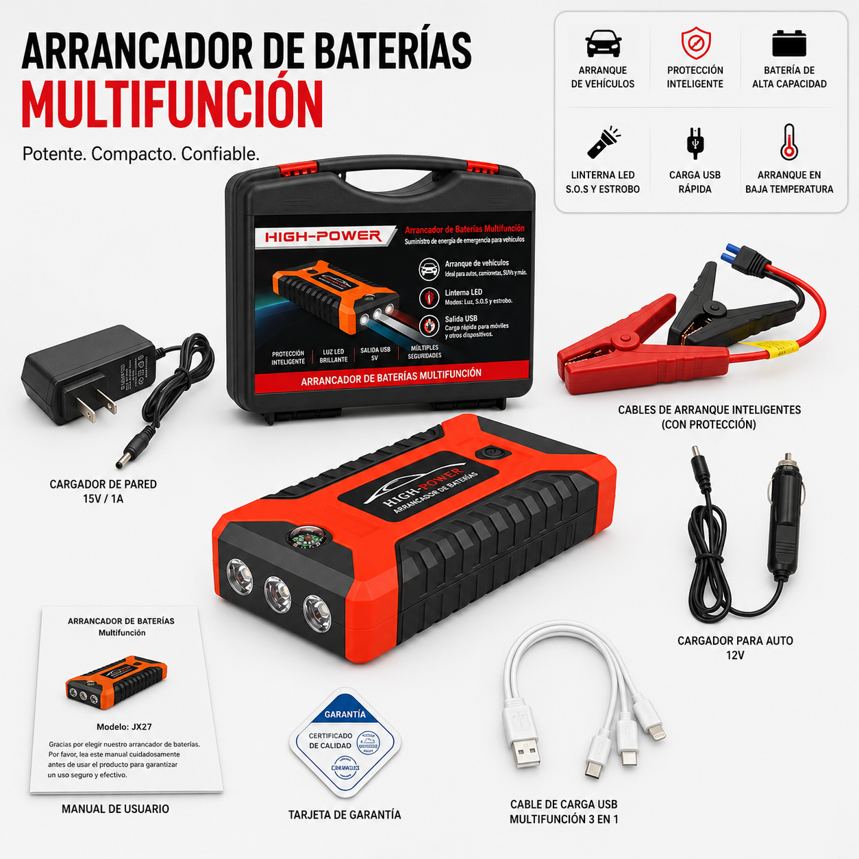 Arrancador de Coche 4 en 1 con Compresor de Aire y Power Bank