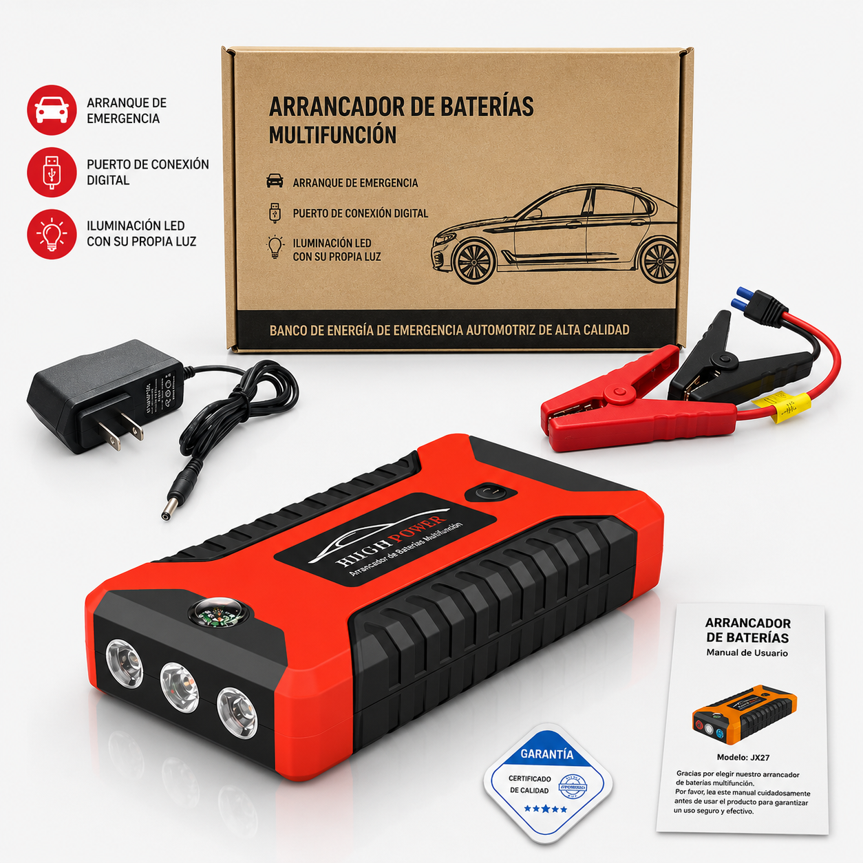 Arrancador de Coche 4 en 1 con Compresor de Aire y Power Bank
