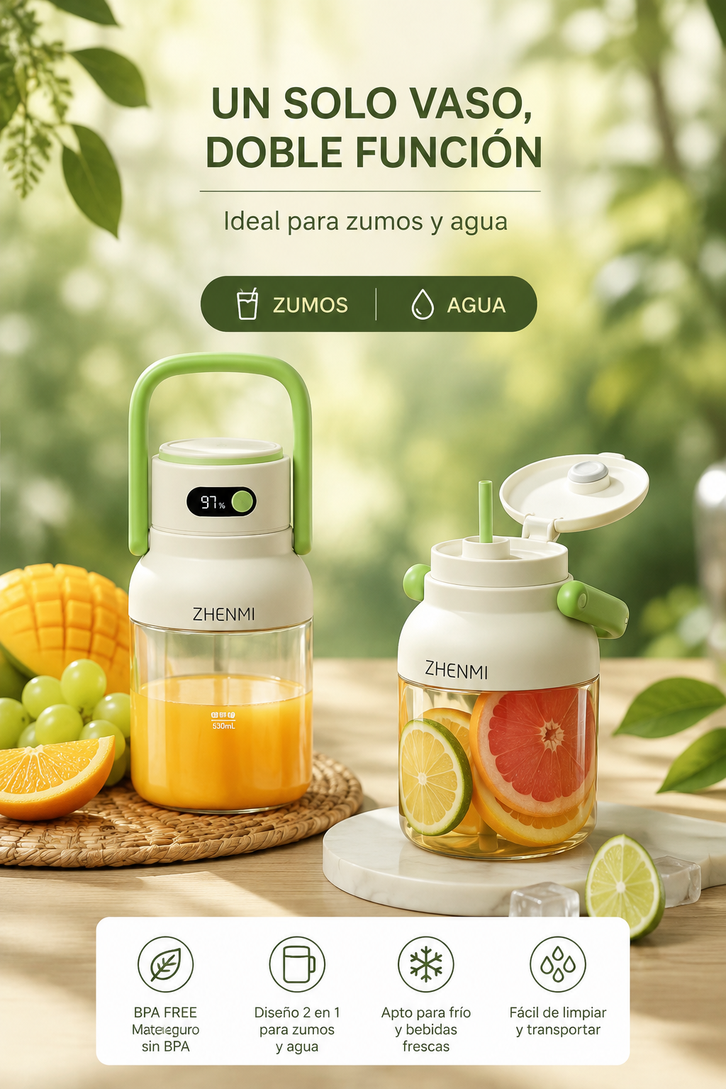 Licuadora Portátil Recargable USB-C de 975 ml – Fácil de Limpiar, Ideal para Frutas y Verduras