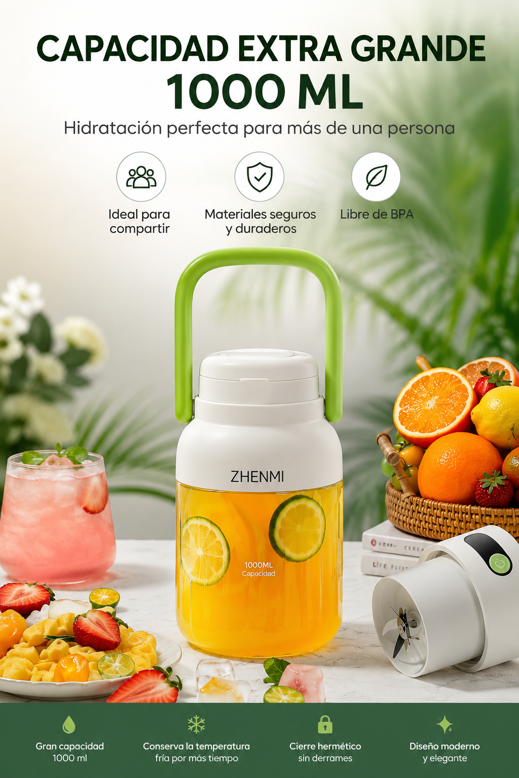 Licuadora Portátil Recargable USB-C de 975 ml – Fácil de Limpiar, Ideal para Frutas y Verduras