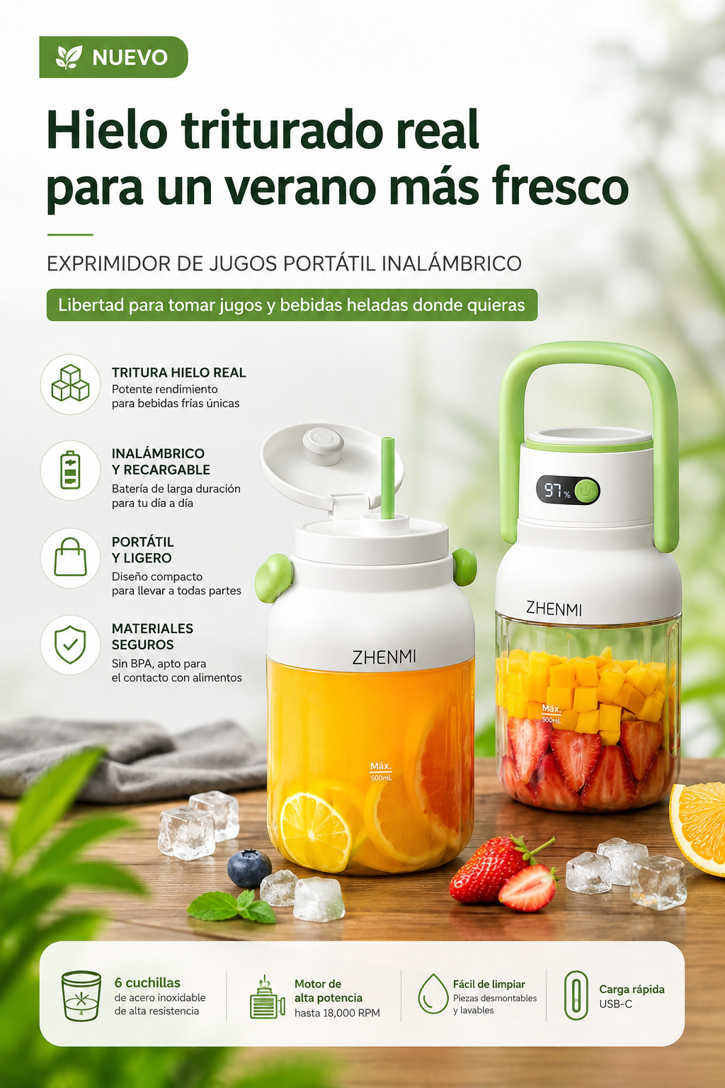 Licuadora Portátil Recargable USB-C de 975 ml – Fácil de Limpiar, Ideal para Frutas y Verduras