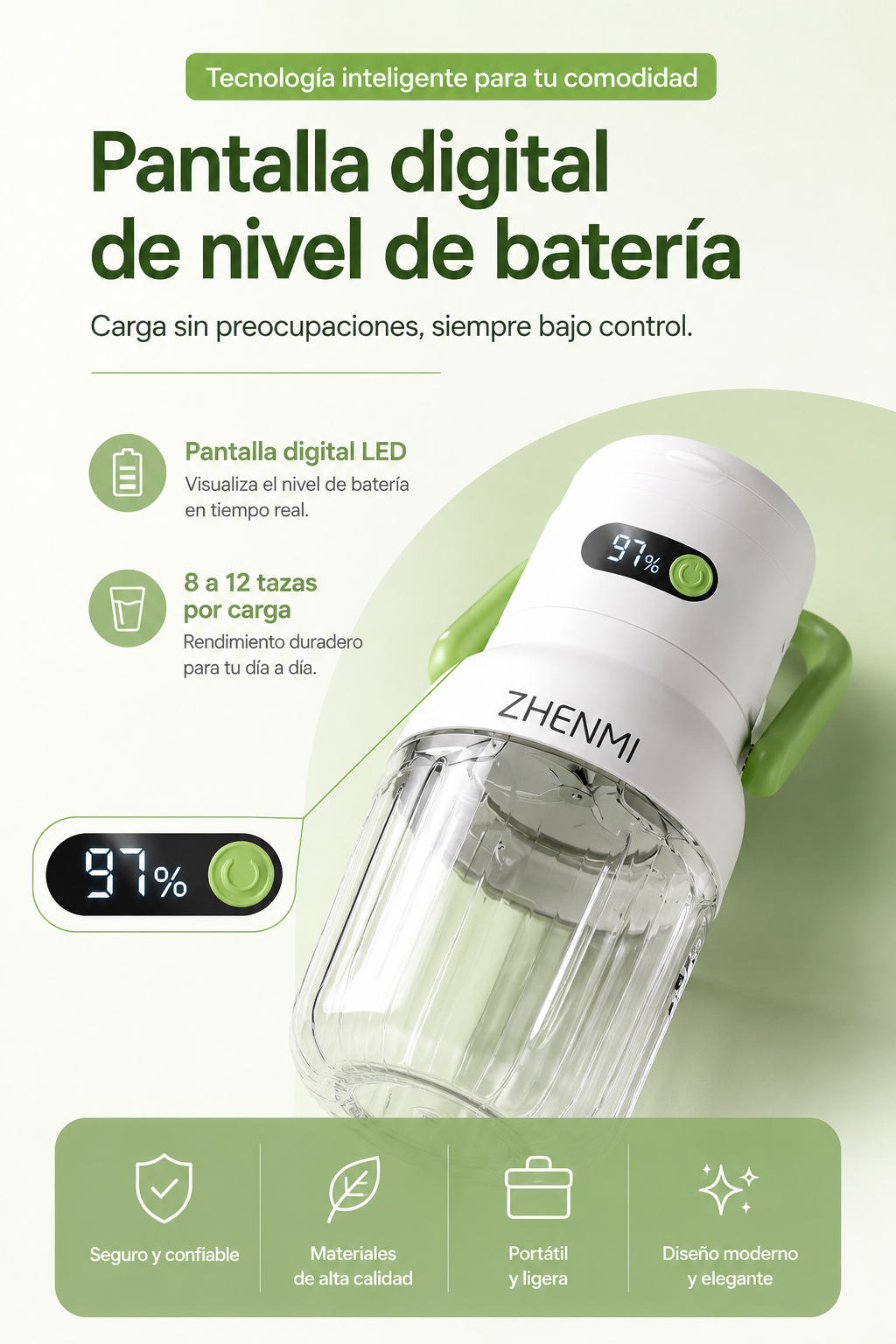 Licuadora Portátil Recargable USB-C de 975 ml – Fácil de Limpiar, Ideal para Frutas y Verduras