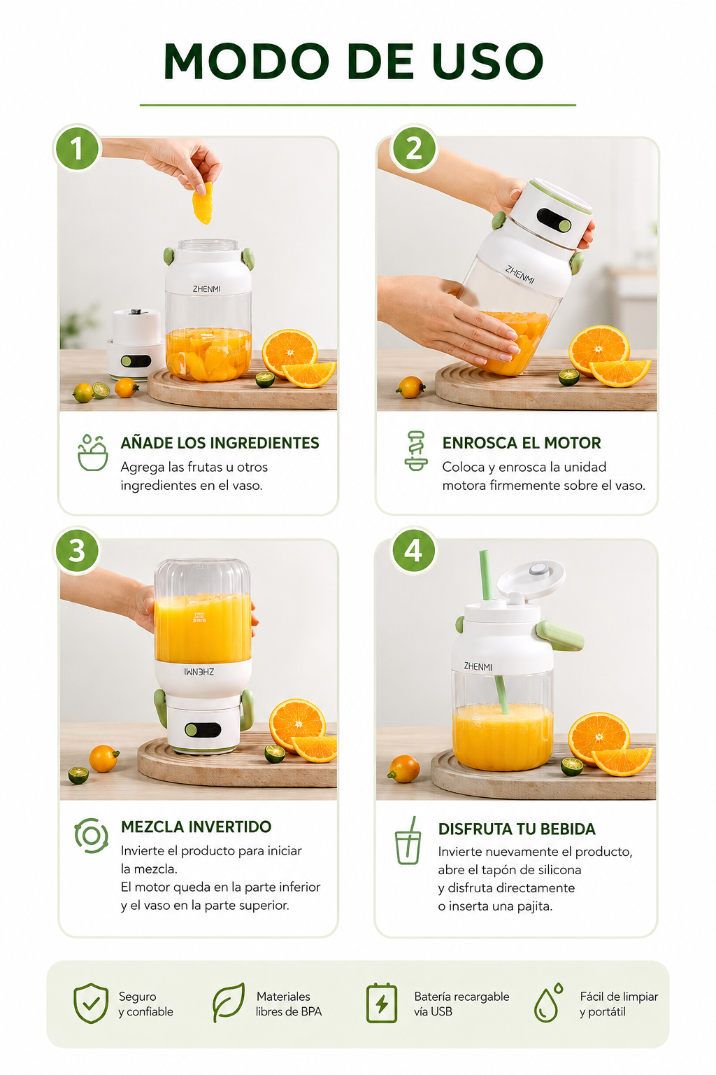 Licuadora Portátil Recargable USB-C de 975 ml – Fácil de Limpiar, Ideal para Frutas y Verduras