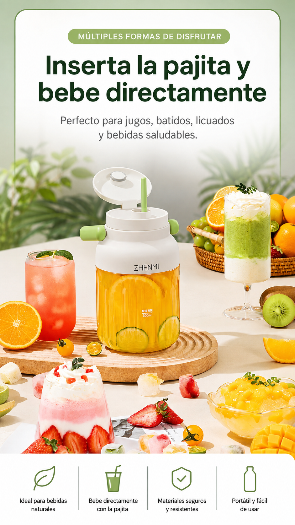 Licuadora Portátil Recargable USB-C de 975 ml – Fácil de Limpiar, Ideal para Frutas y Verduras