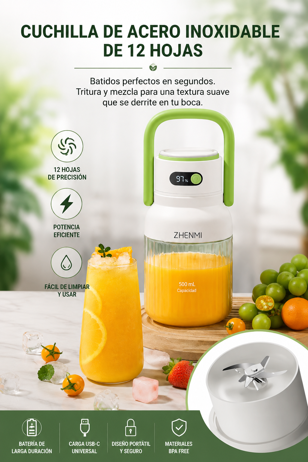 Licuadora Portátil Recargable USB-C de 975 ml – Fácil de Limpiar, Ideal para Frutas y Verduras