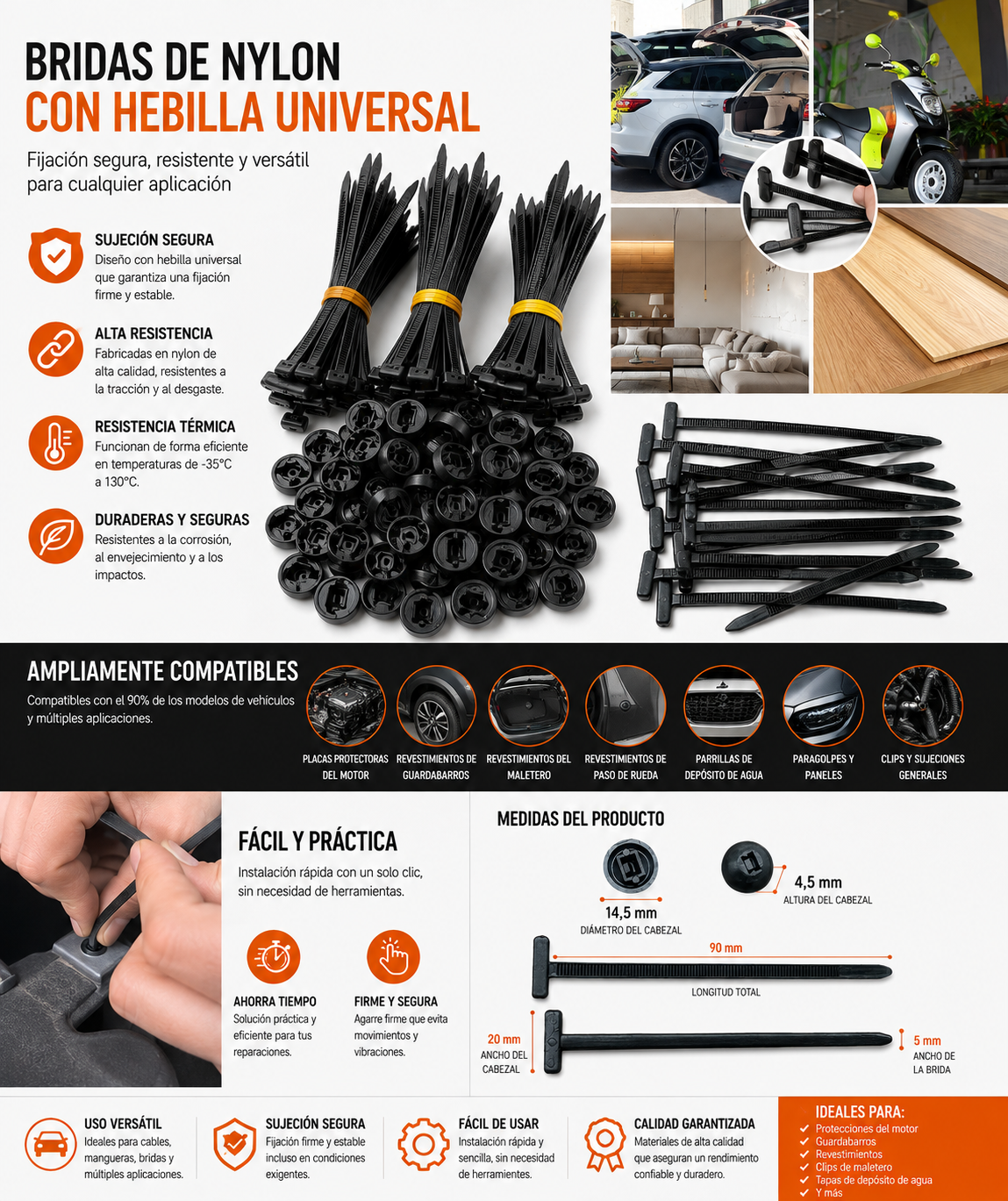 Bridas de Nylon Resistentes – Pack 500/10 uds Autoblocantes Multiusos
