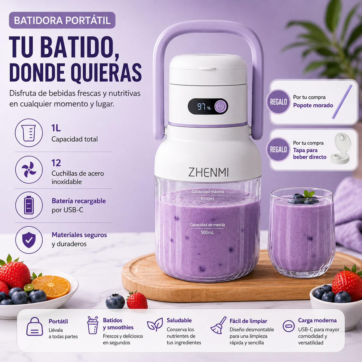 Licuadora Portátil Recargable USB-C de 975 ml – Fácil de Limpiar, Ideal para Frutas y Verduras