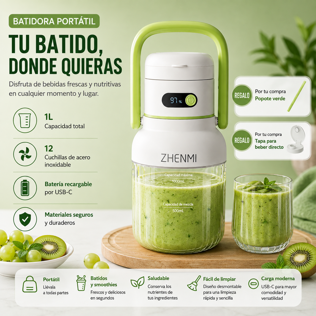 Licuadora Portátil Recargable USB-C de 975 ml – Fácil de Limpiar, Ideal para Frutas y Verduras