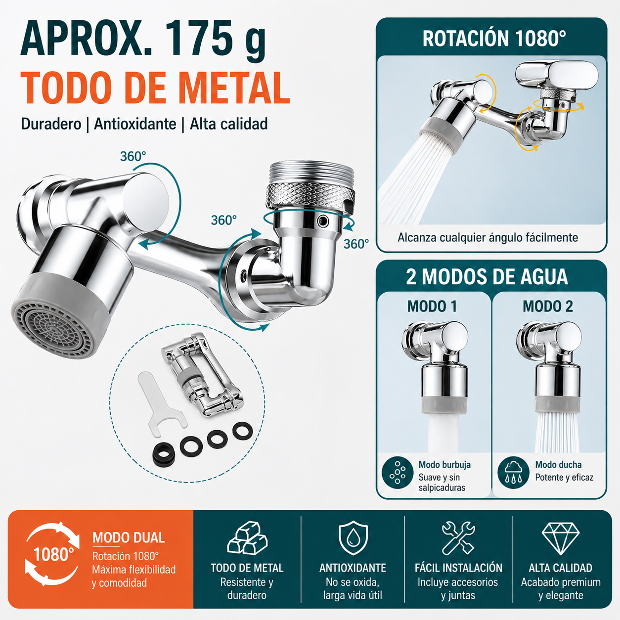Extensor de Grifo Giratorio 1080° – Difusor Universal para Cocina y Baño con Adaptador 22/24mm