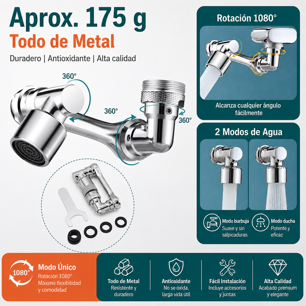 Extensor de Grifo Giratorio 1080° – Difusor Universal para Cocina y Baño con Adaptador 22/24mm