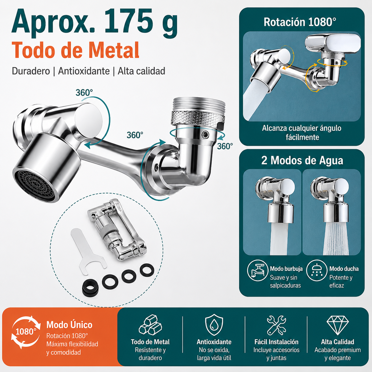 Extensor de Grifo Giratorio 1080° – Difusor Universal para Cocina y Baño con Adaptador 22/24mm